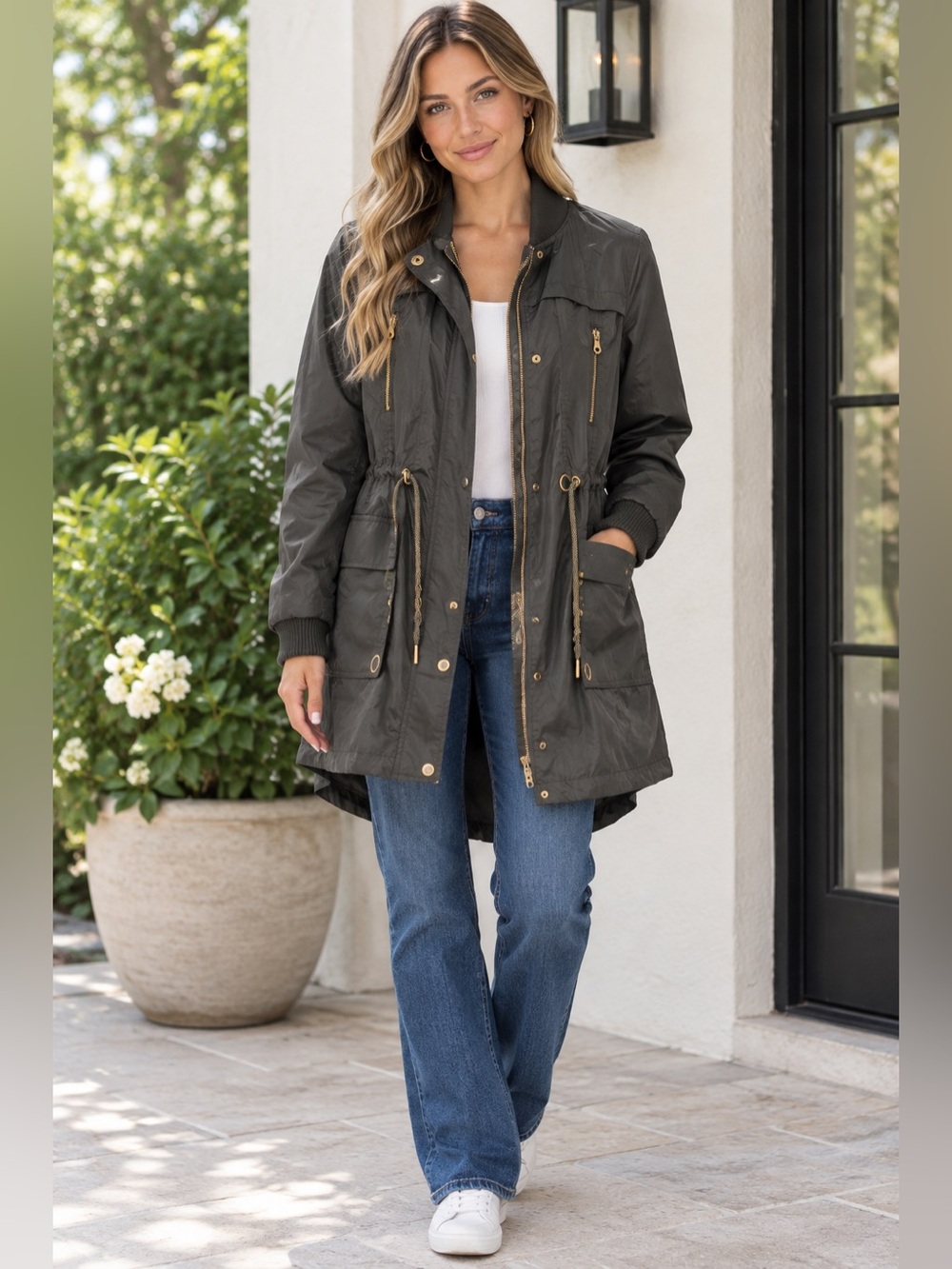 Anna Cai Women’s Anorak Black Trench Coat Chic Rain Jacket Pockets Gold Zip Snap